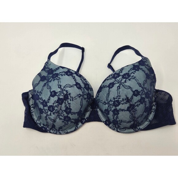 VICTORIA'S SECRET LINED DEMI BRA NAVY BLUE LACE PEACOCK BLUE WOMEN 36C SEXY - Picture 4 of 12